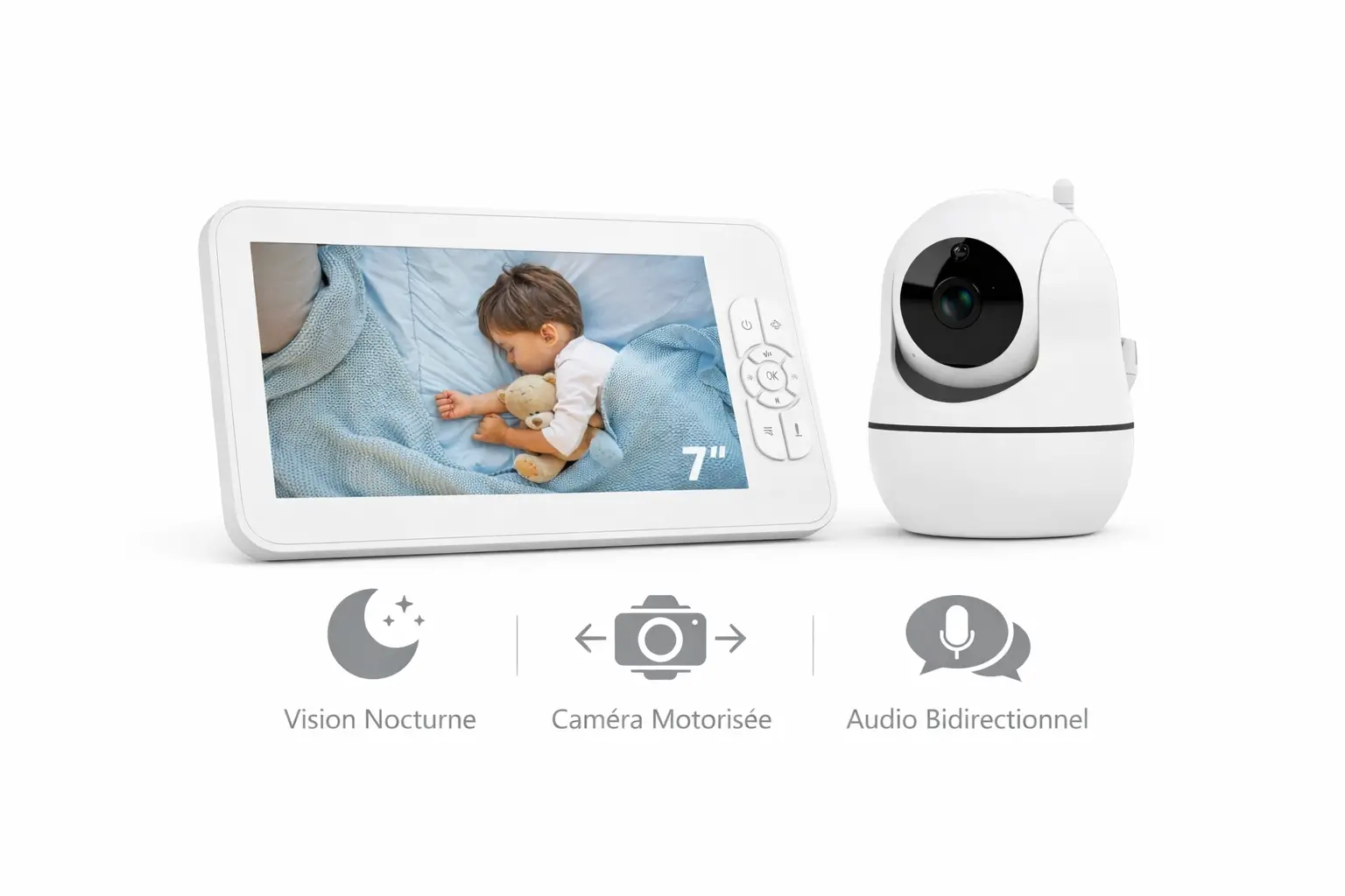 Babyphone vidéo 7 pouces avec écran HD et caméra