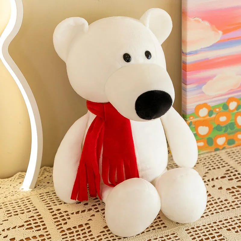 peluche ours blanc douce avec écharpe rouge pour enfant